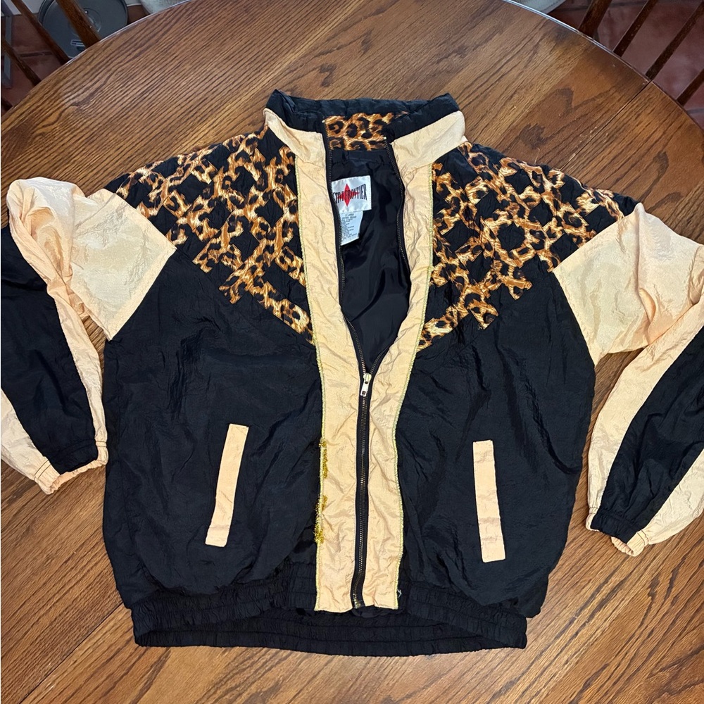 Vintage Active Frontier Leopard Print Windbreaker Jacket Black Tan XL 90s Retro